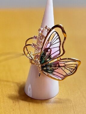 Eye Candy LA Iridescent Butterfly Ring Adjustable Gold Crystal